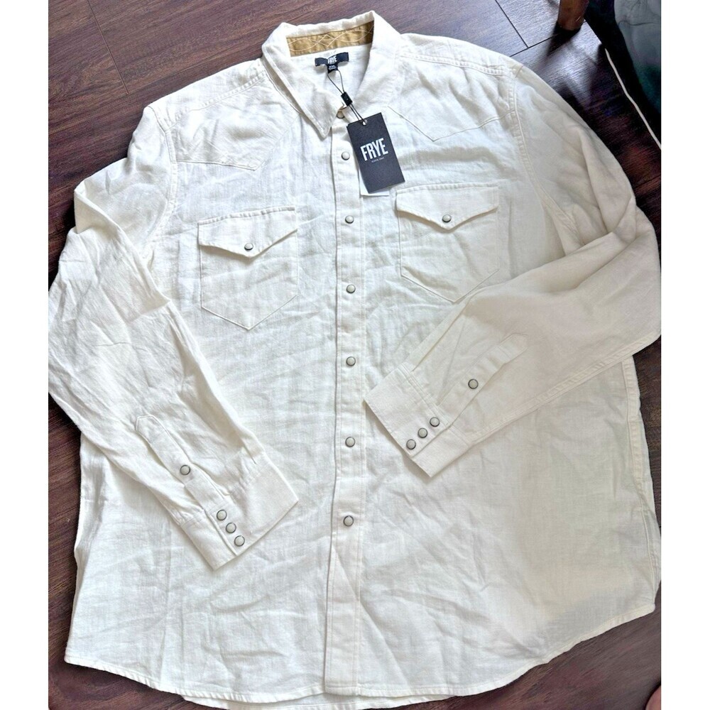 Frye Men's Textured Cotton Linen button down shirt long sleeve Off White XXL